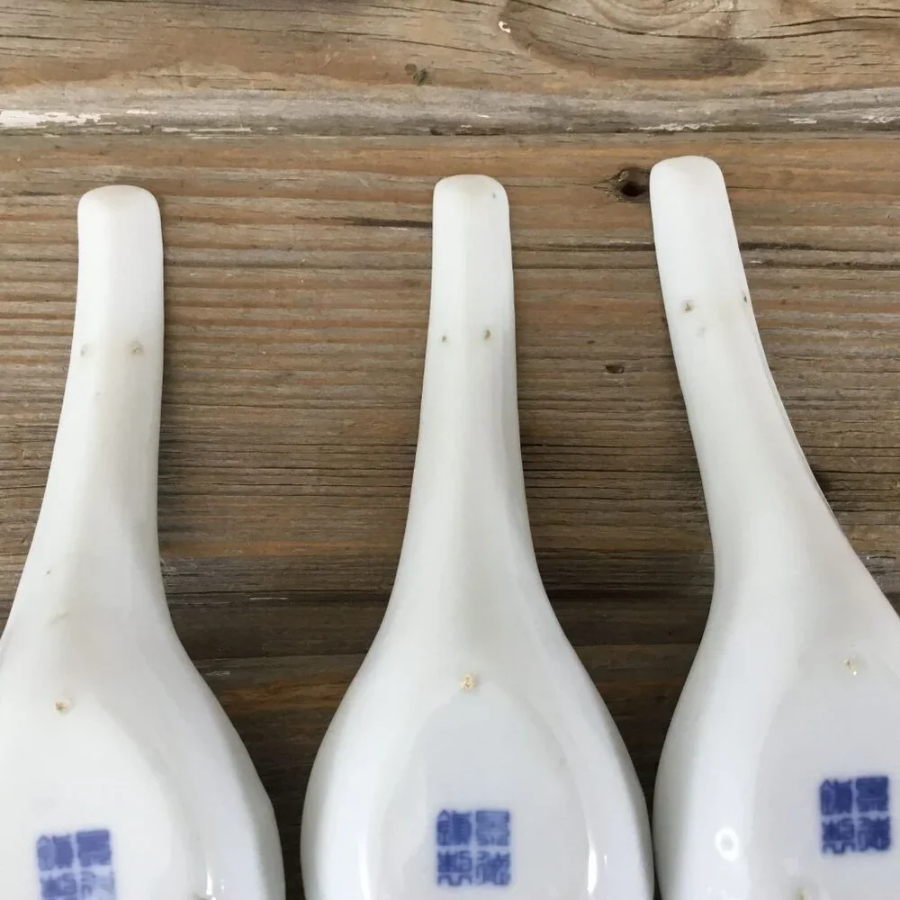 Set Of 3 Blue & White Porcelain Soup Spoons With Floral Design